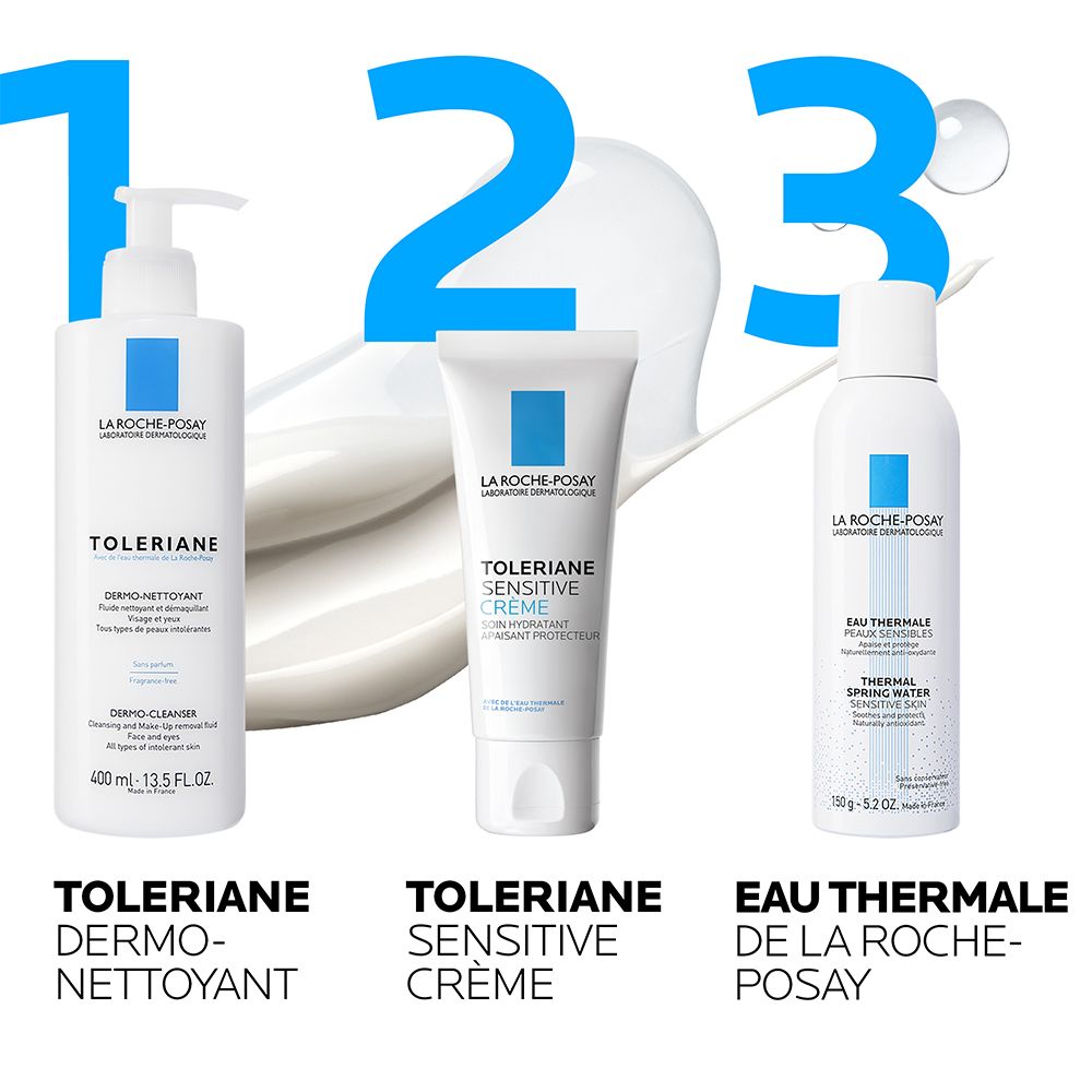 Trois produits La Roche-Posay : Toleriane Dermo-Nettoyant, Toleriane Sensitive Crème, Eau Thermale.