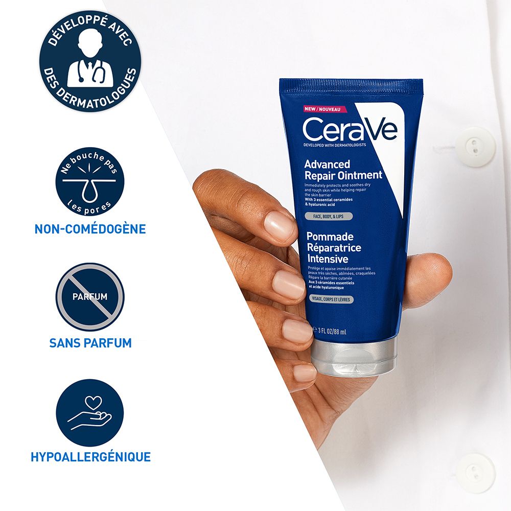 Pommade réparatrice CeraVe, tube bleu. Logos: Non comédogène, sans parfum, hypoallergénique. Recommandé par les dermatologues.