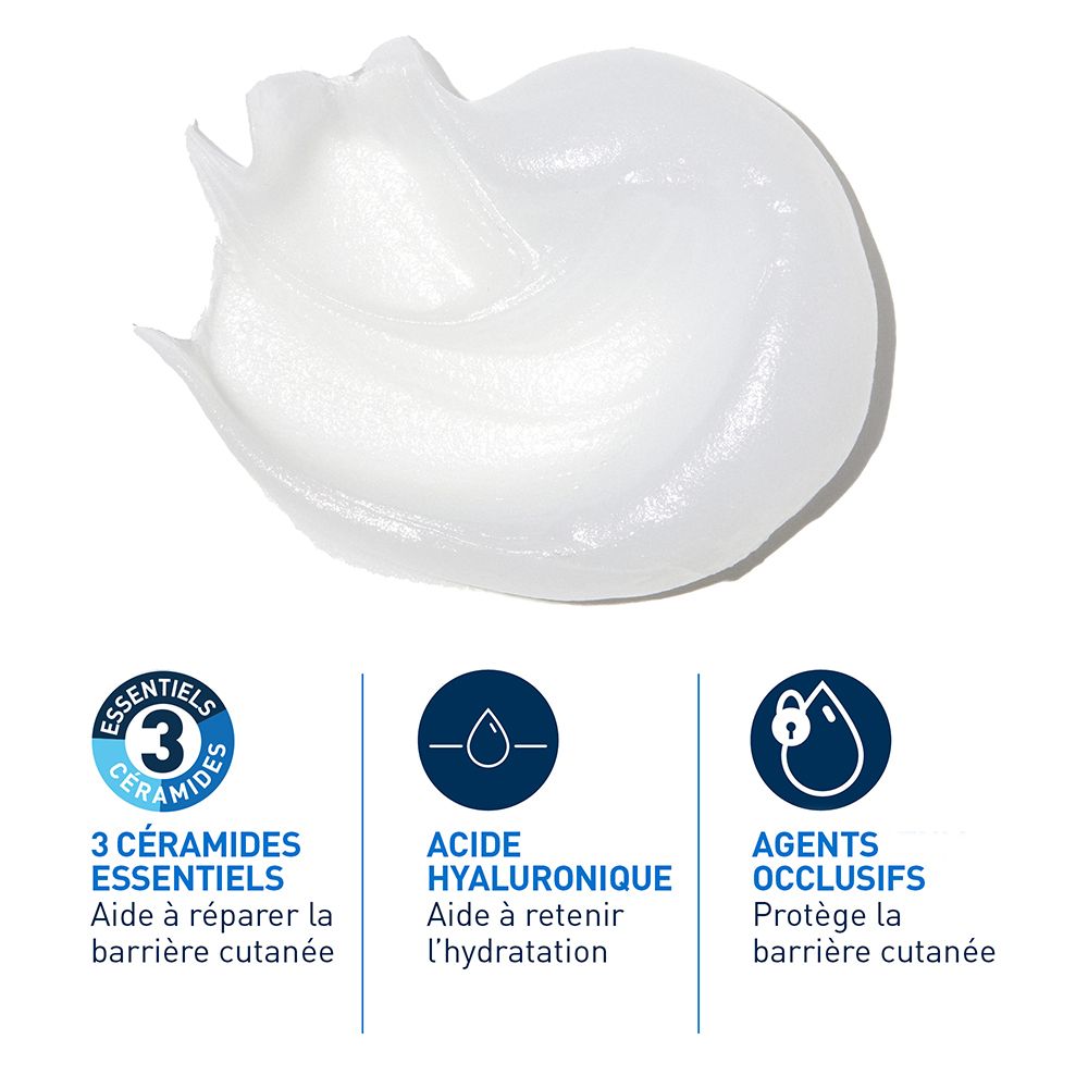 Tache de crème blanche avec trois symboles: 3 céramides essentiels, acide hyaluronique, agents occlusifs.