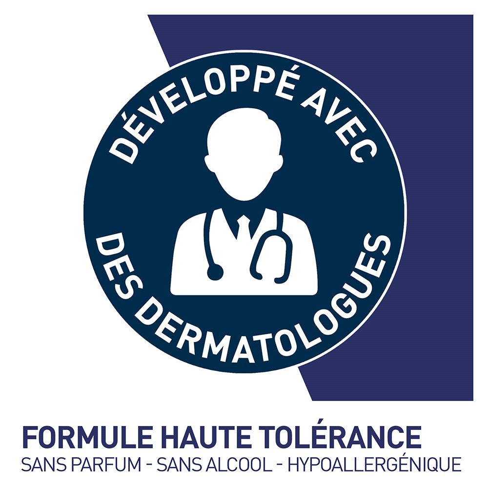 Logo: Développé avec des dermatologues. Texte: Formule haute tolérance. Sans parfum, sans alcool, hypoallergénique.