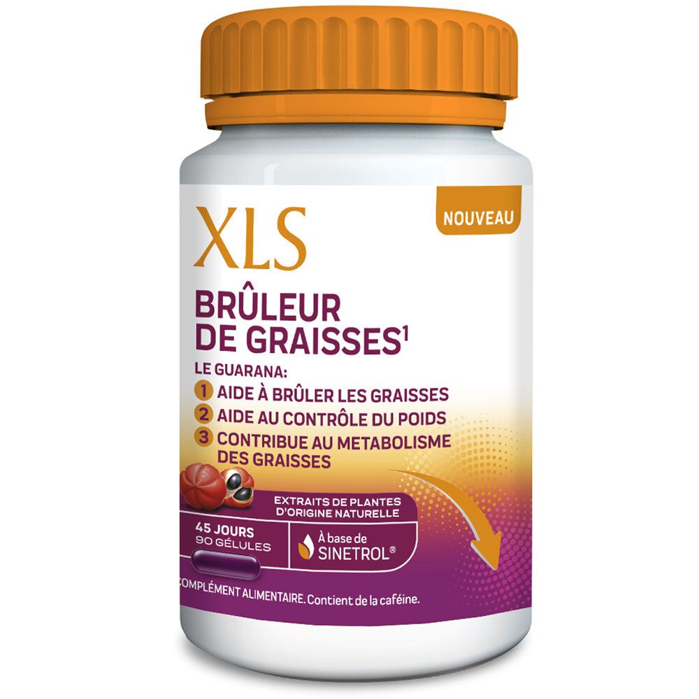 Weiße Flasche mit orangefarbenem Deckel. Aufschrift: XLS Brûleur de Graisses. Enthält 90 Kapseln.