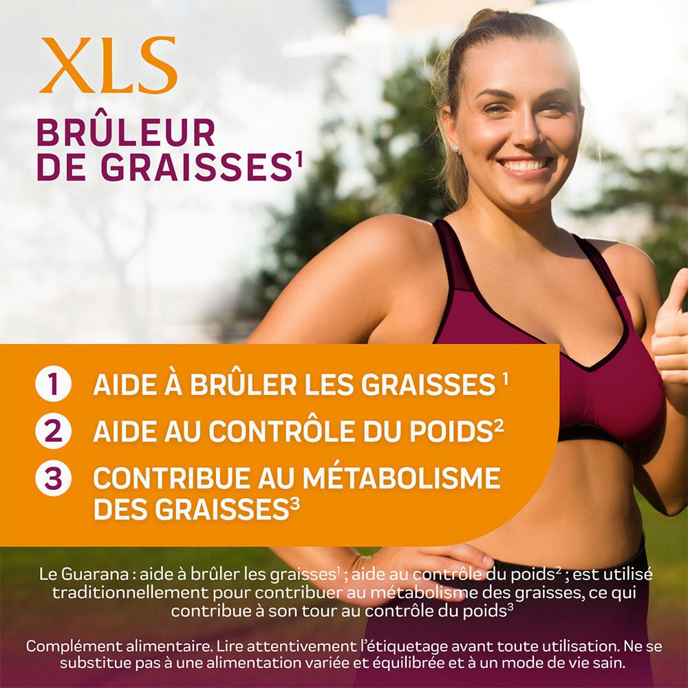 Werbebild mit einer lächelnden Frau. Text: XLS Brûleur de Graisses. 3 Vorteile werden genannt.