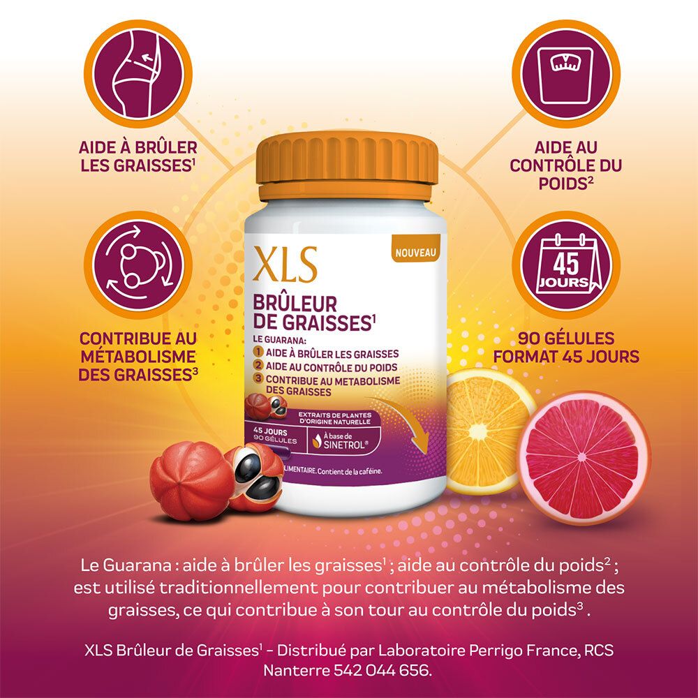 Produktflasche mit Früchten und Grafiken. Text: XLS Brûleur de Graisses. 90 Kapseln, 45 Tage.
