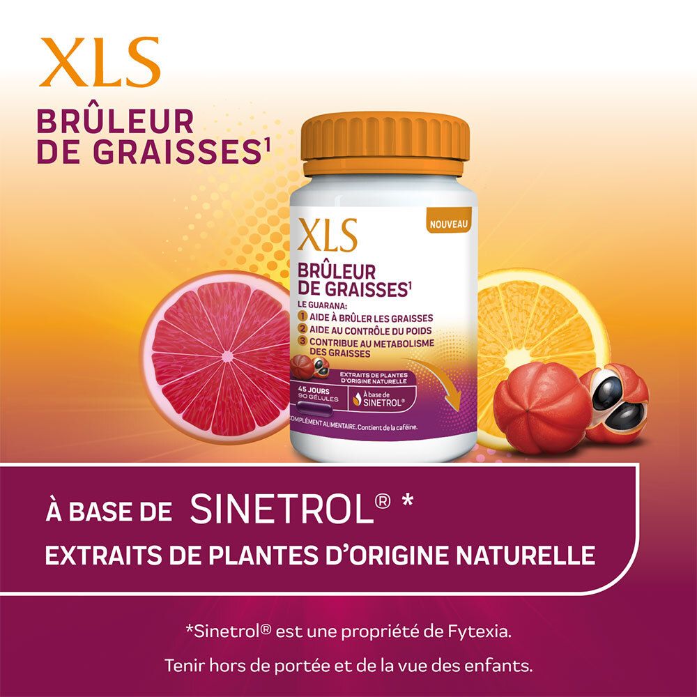 Produktflasche mit Früchten. Text: XLS Brûleur de Graisses. Enthält Sinetrol. Natürliche Pflanzenextrakte.