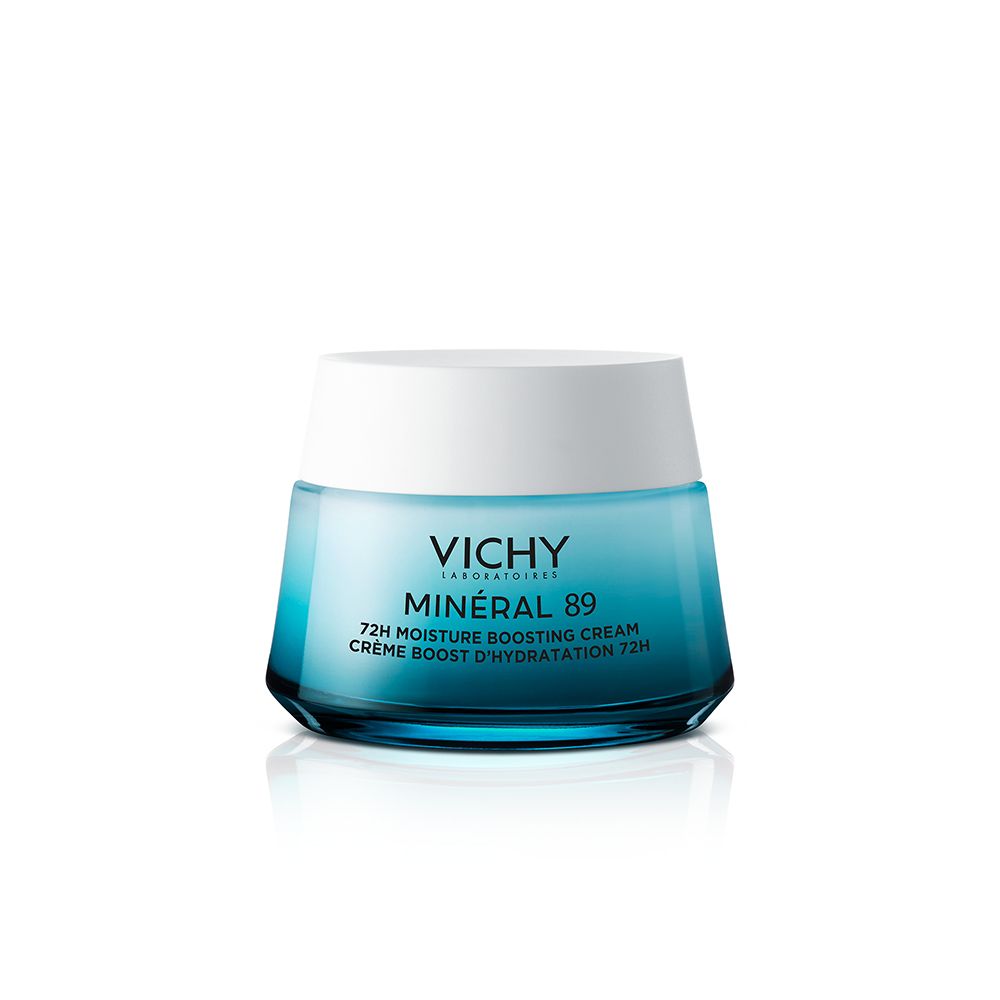 Pot de crème bleu et blanc. Inscription : Vichy, Minéral 89, 72H Moisture Boosting Cream. Couvercle blanc.