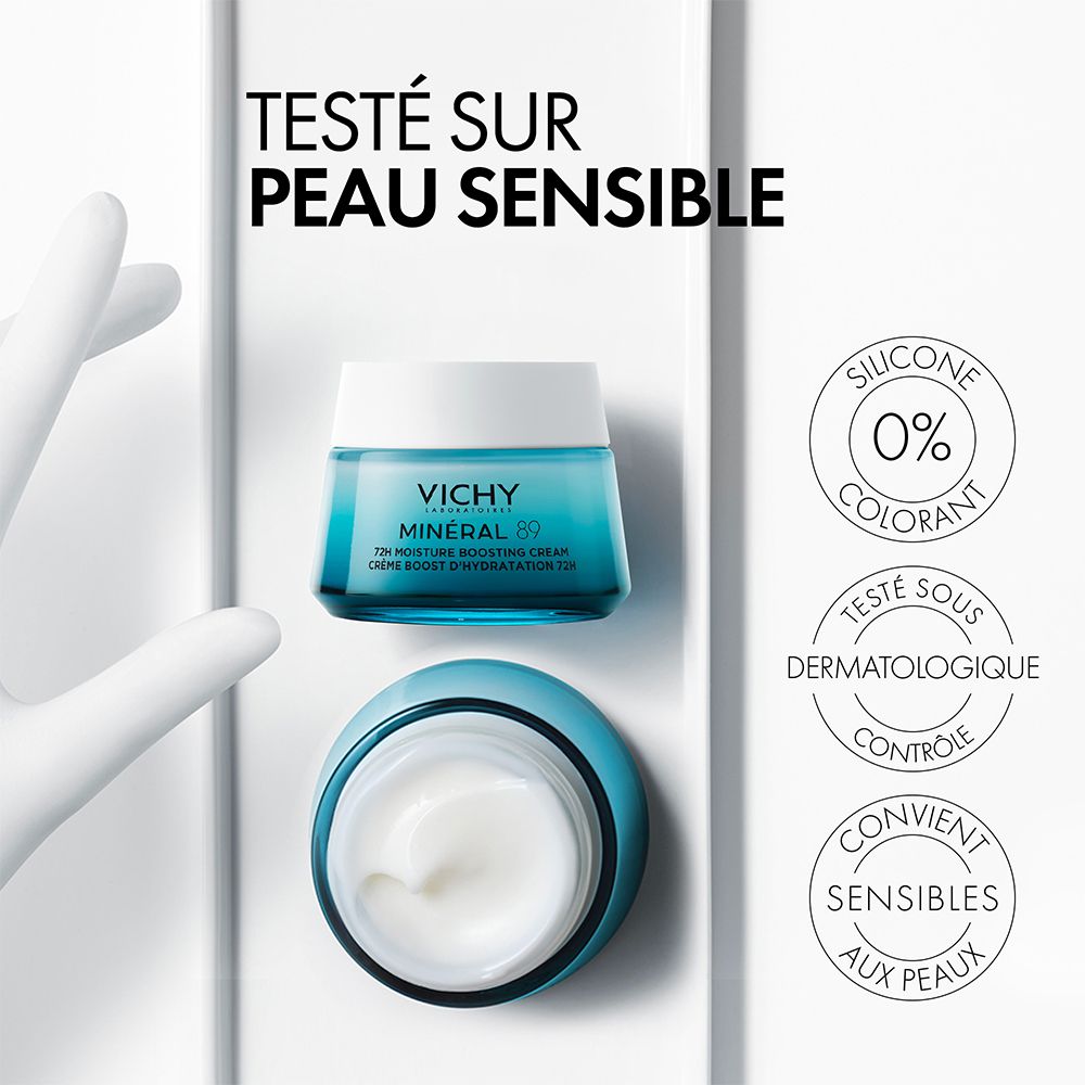 Deux pots de crème et crème ouverte. Texte : Testé sur peau sensible. Logos : 0% Silicone, Testé sous contrôle dermatologique.
