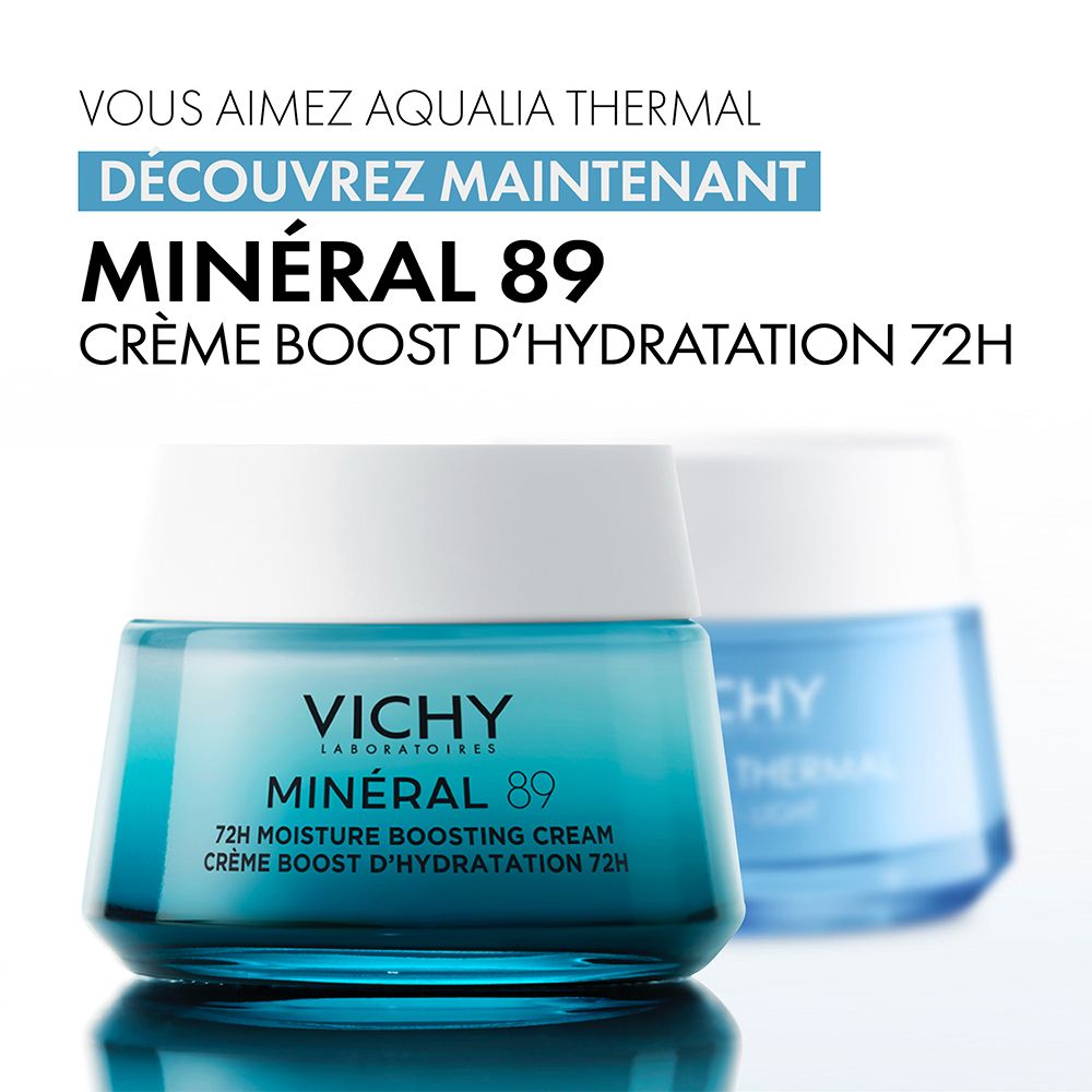 Pot de crème. Texte : Vichy, Minéral 89, Crème Boost d'Hydratation 72H. Deux pots de crème en arrière-plan.