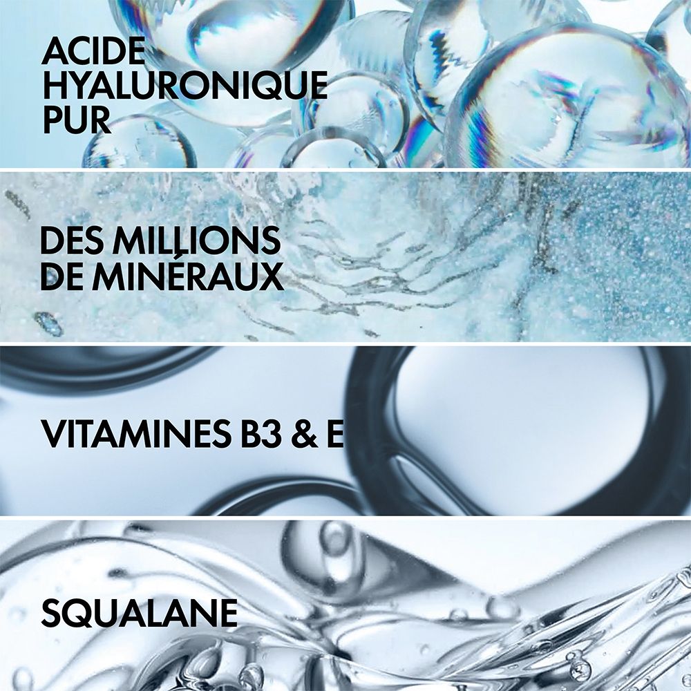 Images d'ingrédients : Acide hyaluronique, minéraux, vitamines B3 & E, squalane. Fond bleu.