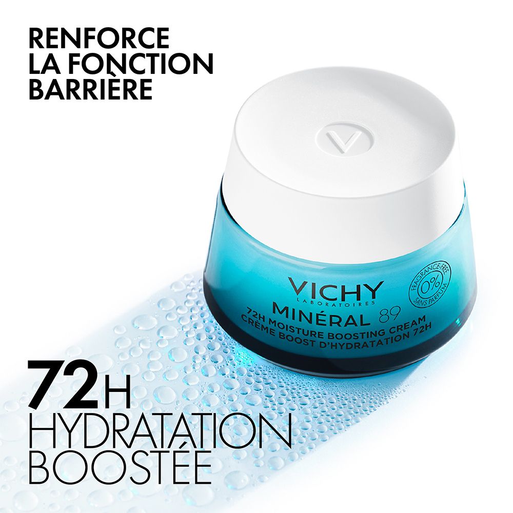 Pot de crème. Texte : Vichy, Minéral 89, 72H Moisture Boosting Cream. Logos : 0% Silicone. Gouttes d'eau.