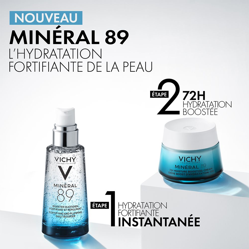 Flacon de sérum et pot de crème. Texte : Vichy, Minéral 89. 2 étapes : Hydratation instantanée et 72H.
