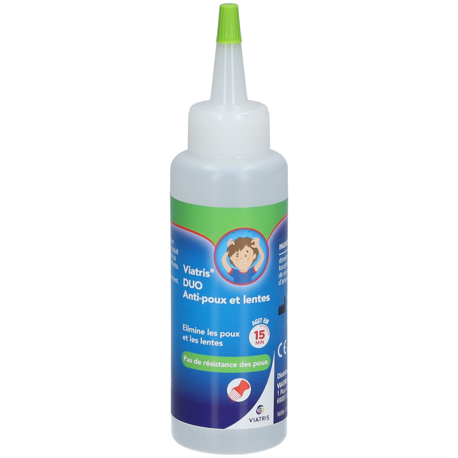 Flacon blanc avec bouchon vert. Inscription: Viatris DUO Anti-poux et lentes. Illustration d'un enfant.