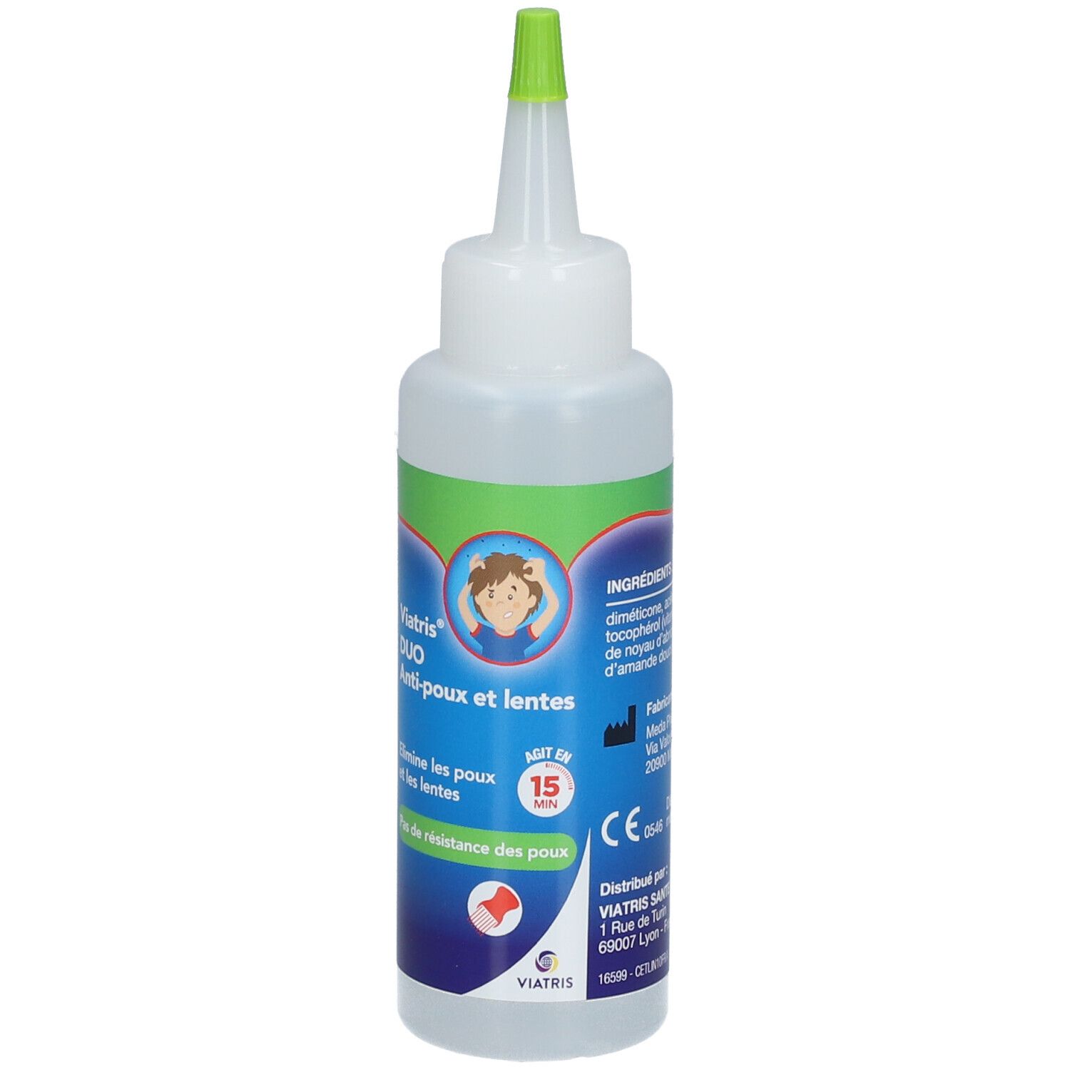 Flacon blanc avec bouchon vert. Inscription: Viatris DUO Anti-poux et lentes. Illustration d'un enfant.