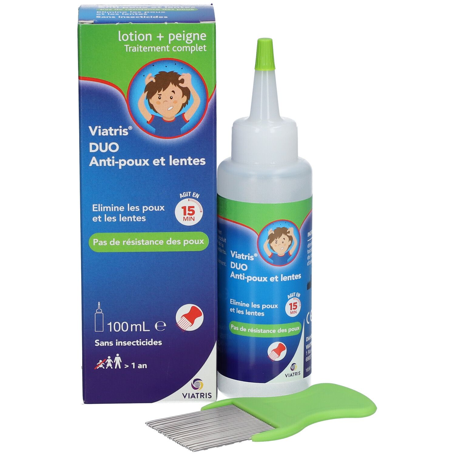 Emballage produit avec flacon et peigne. Inscription: Viatris DUO Anti-poux et lentes. Illustration d'un enfant.