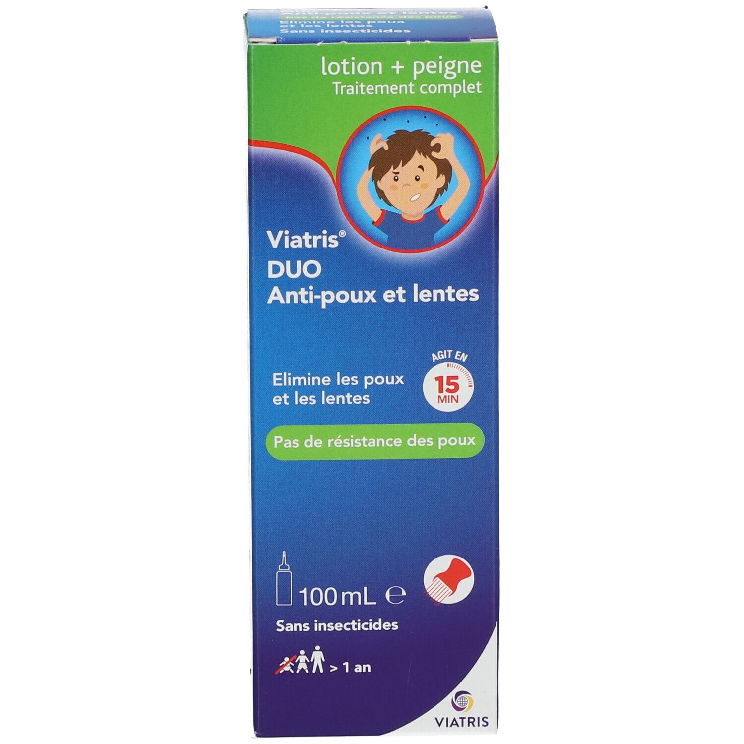 Emballage produit. Inscription: Viatris DUO Anti-poux et lentes. Avec illustration de flacon et peigne.