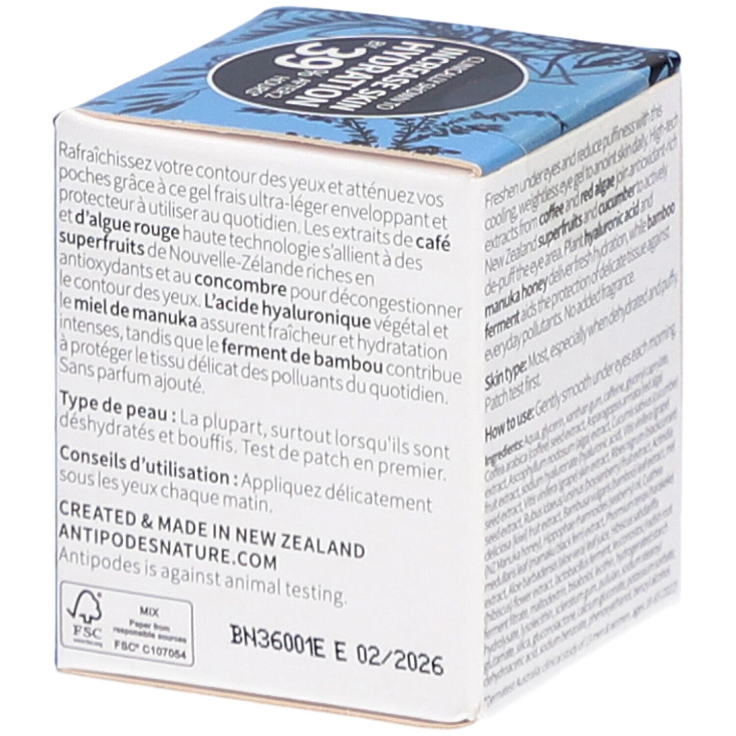Karton mit Produktinformationen und Inhaltsstoffen. Enthält Informationen zu Hauttyp und Anwendung. Marke: ANTIPODES.