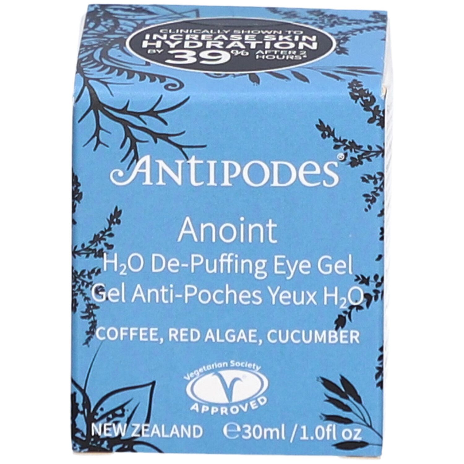 Blauer Karton mit "ANTIPODES Anoint" und Produktinformationen. Enthält das Logo der Vegetarian Society.