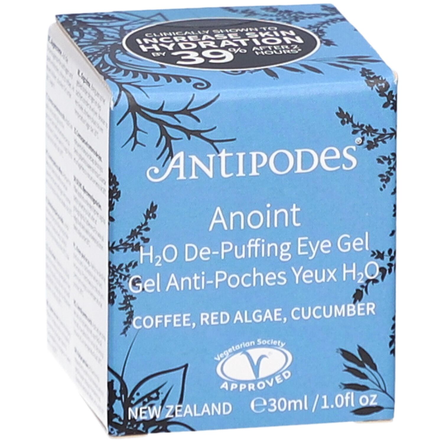 Blauer Karton mit "ANTIPODES Anoint" und Produktinformationen. Enthält das Logo der Vegetarian Society.