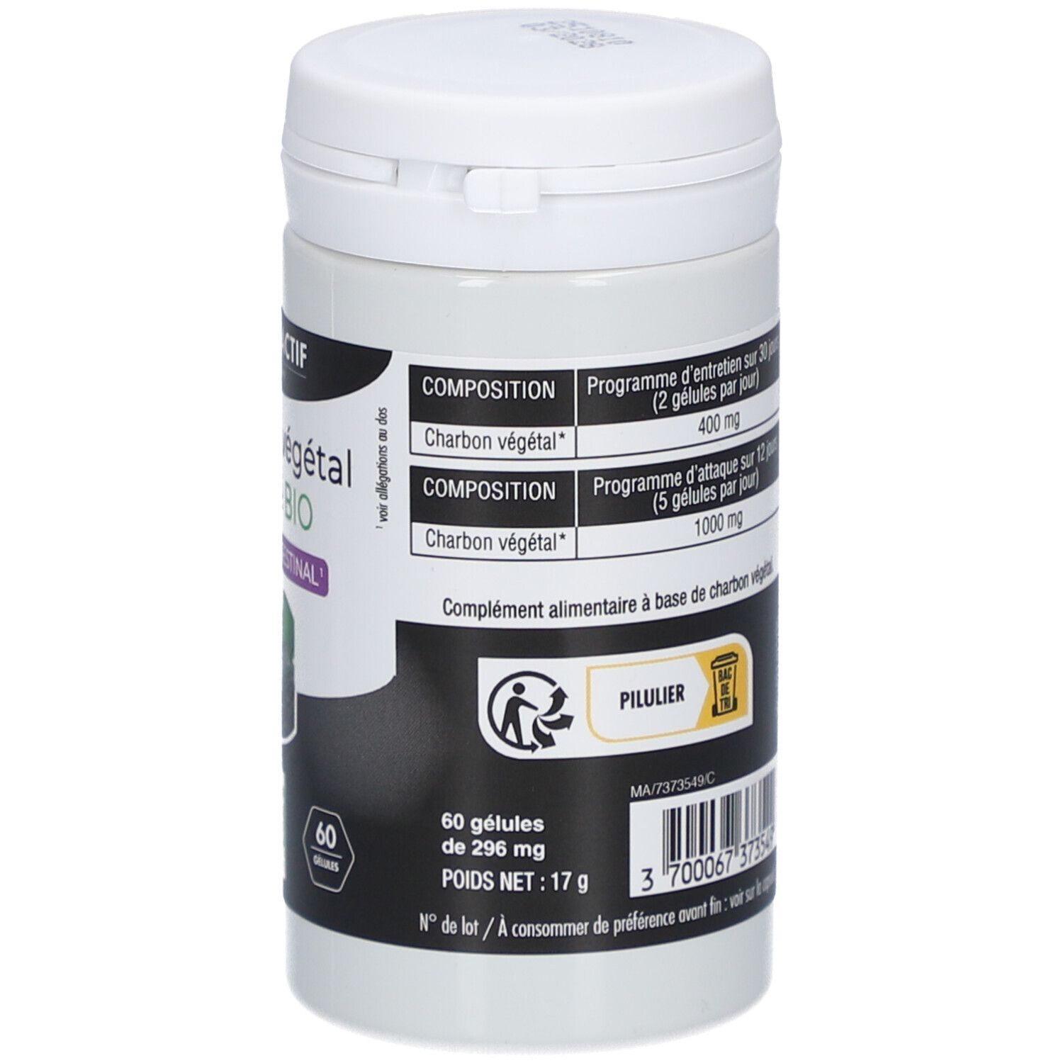 Flacon blanc cylindrique avec étiquette noire. Inscription: Charbon végétal BIO. Contient 60 gélules. Couvercle blanc.