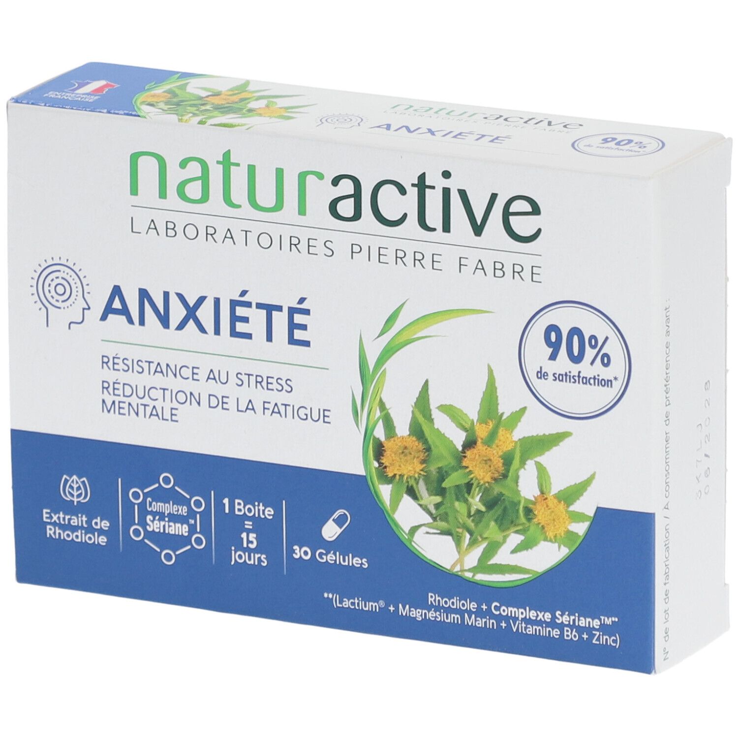 Boîte "ANXIÉTÉ" Naturactive, 30 gélules. Inscription "90% de satisfaction". Logo et texte en français.