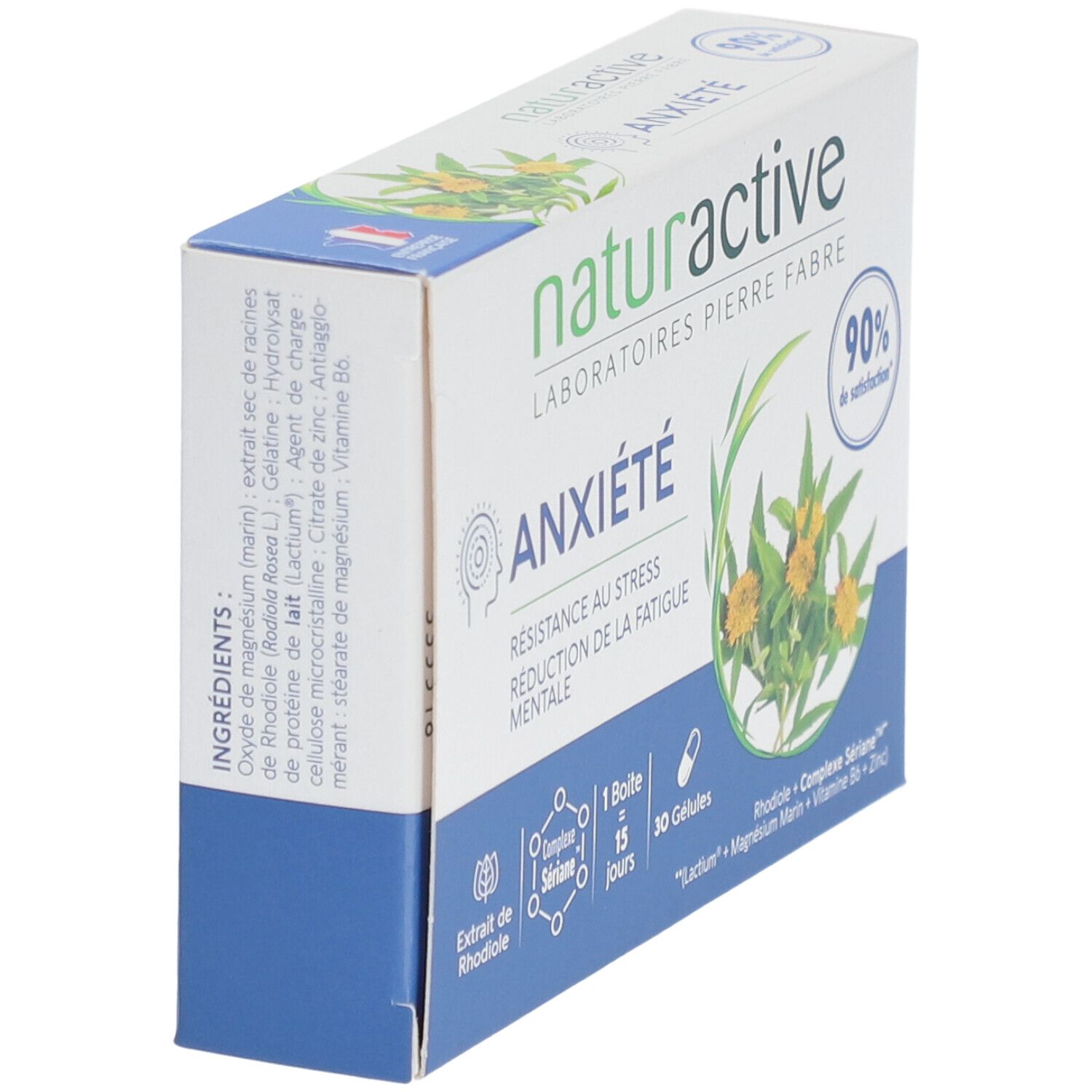 Boîte "ANXIÉTÉ" Naturactive, angle de vue. Ingrédients et informations en français. 30 gélules.