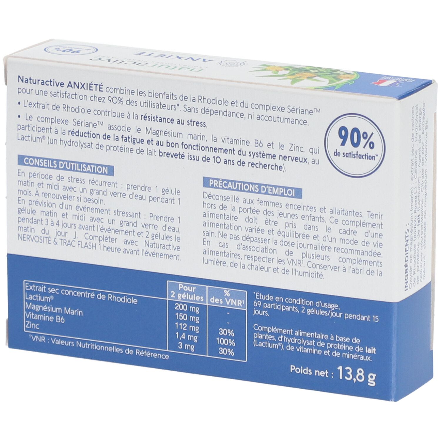 Dos de la boîte "ANXIÉTÉ". Texte en français. Ingrédients, conseils d'utilisation et informations nutritionnelles.