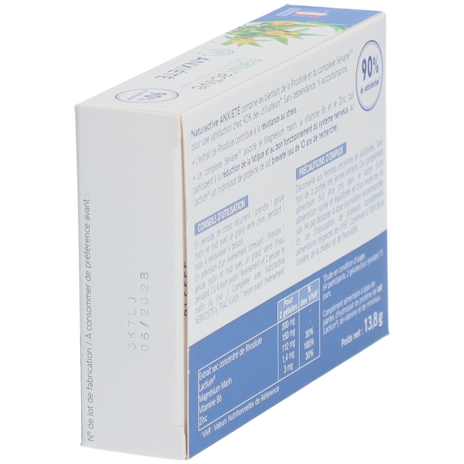 Vue latérale de la boîte "ANXIÉTÉ". Texte en français. Informations sur l'utilisation et les ingrédients.