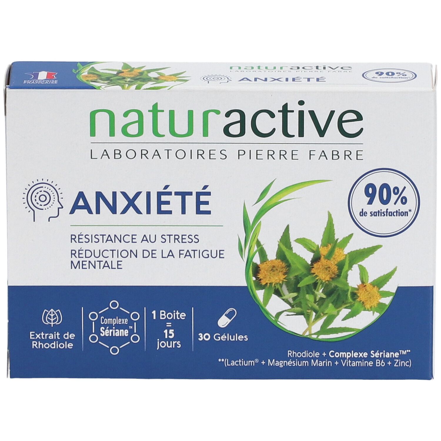Face avant de la boîte "ANXIÉTÉ" Naturactive. Contient 30 gélules. Texte en français.