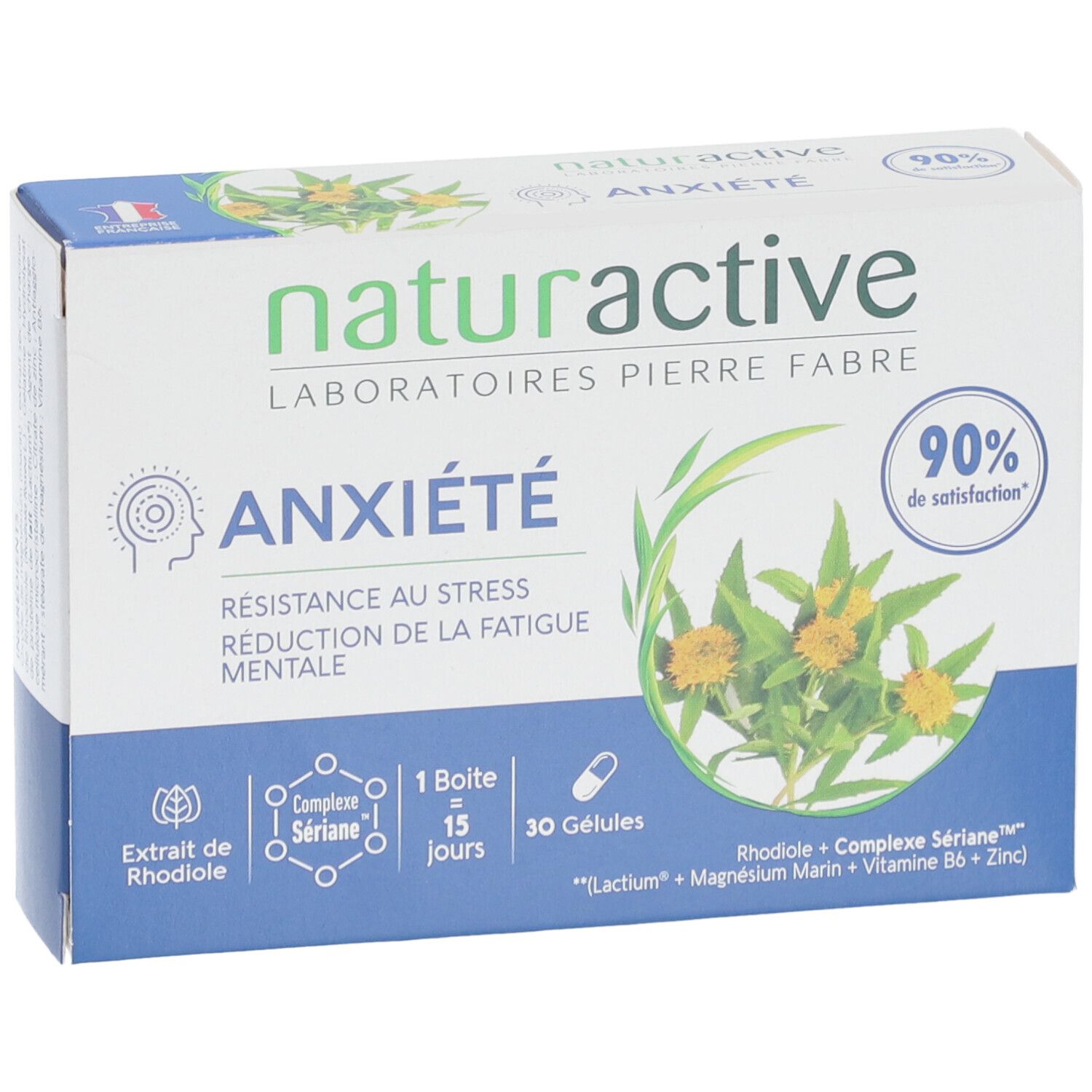 Face avant de la boîte "ANXIÉTÉ" Naturactive. Contient 30 gélules. Texte en français.