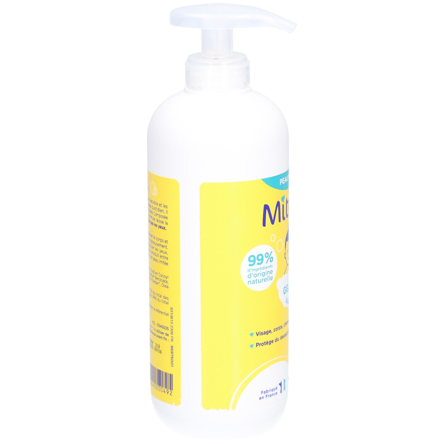 Flacon blanc avec étiquette jaune. Inscription : Mitosyl Bain. Avec pompe. Vue latérale.