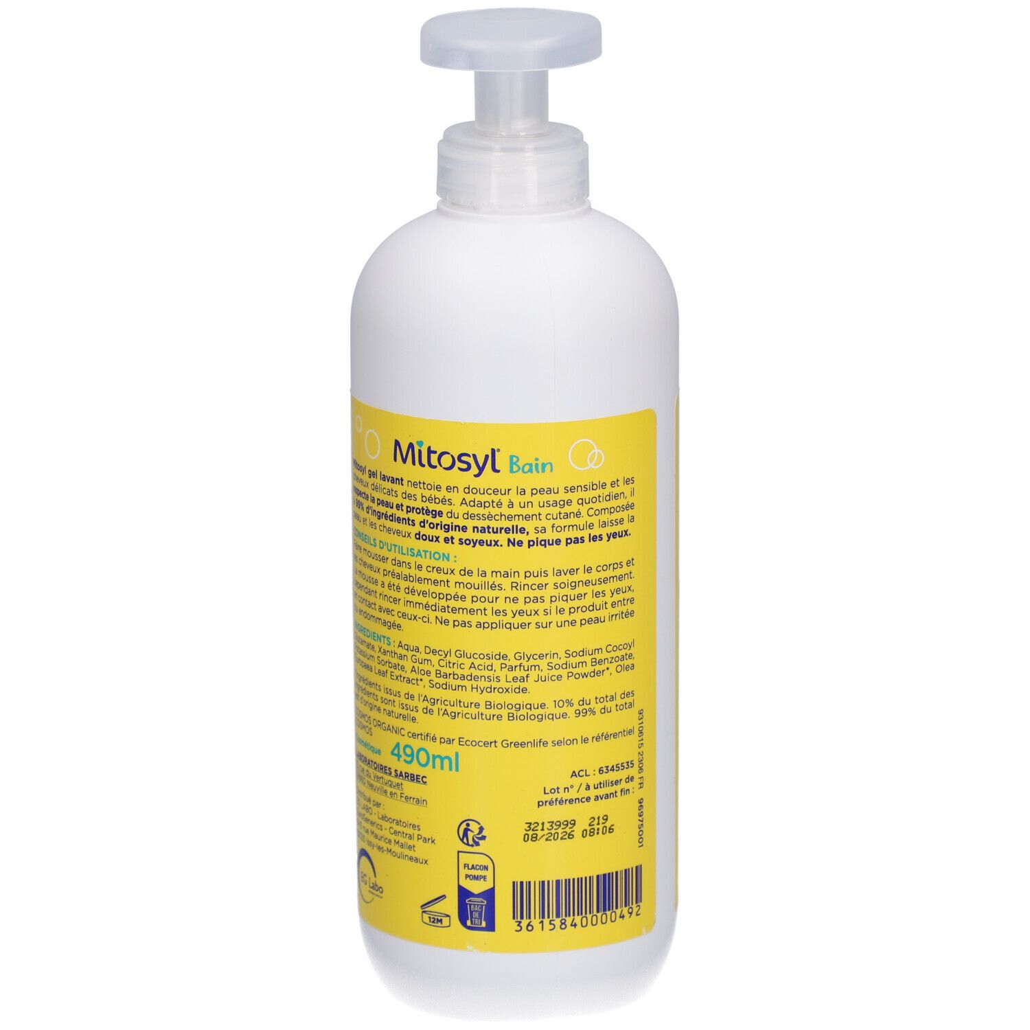 Flacon blanc avec étiquette jaune. Inscription : Mitosyl Bain. Avec pompe. Dos avec informations.