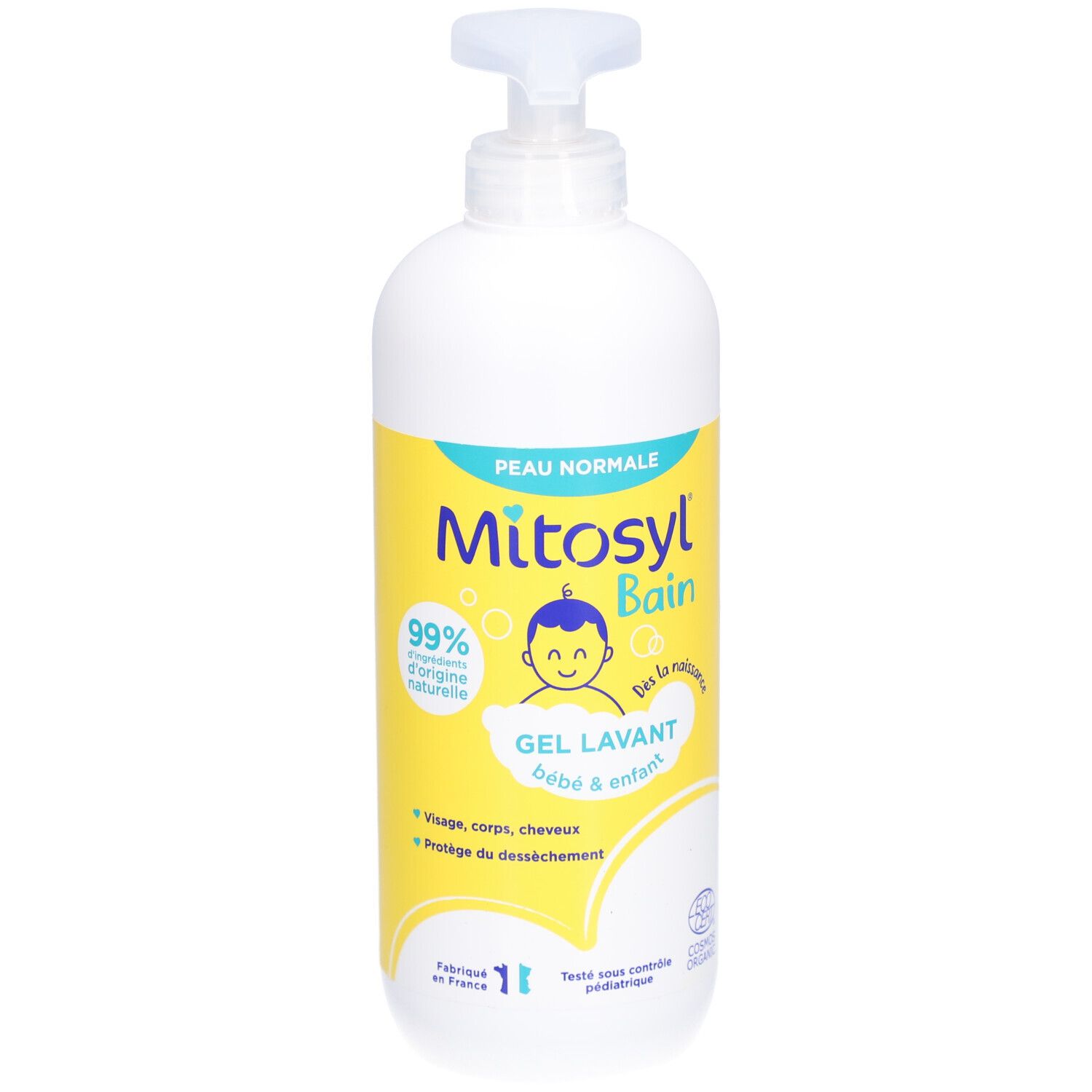 Flacon blanc avec étiquette jaune. Inscription : Mitosyl Bain, Gel Lavant Bébé & Enfant Bio. Avec pompe.
