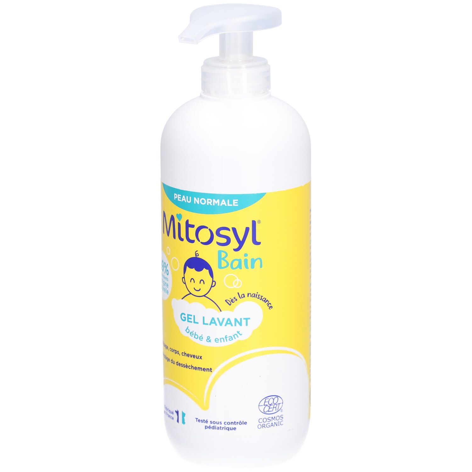 Flacon blanc avec étiquette jaune. Inscription : Mitosyl Bain, Gel Lavant Bébé & Enfant Bio. Avec pompe.