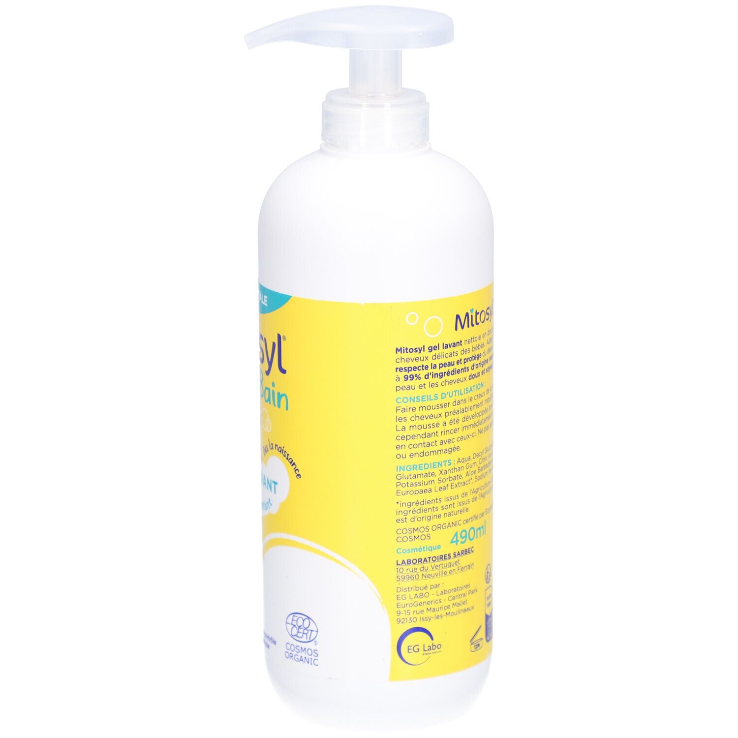 Flacon blanc avec étiquette jaune. Inscription : Mitosyl Bain. Avec pompe. Dos avec informations.