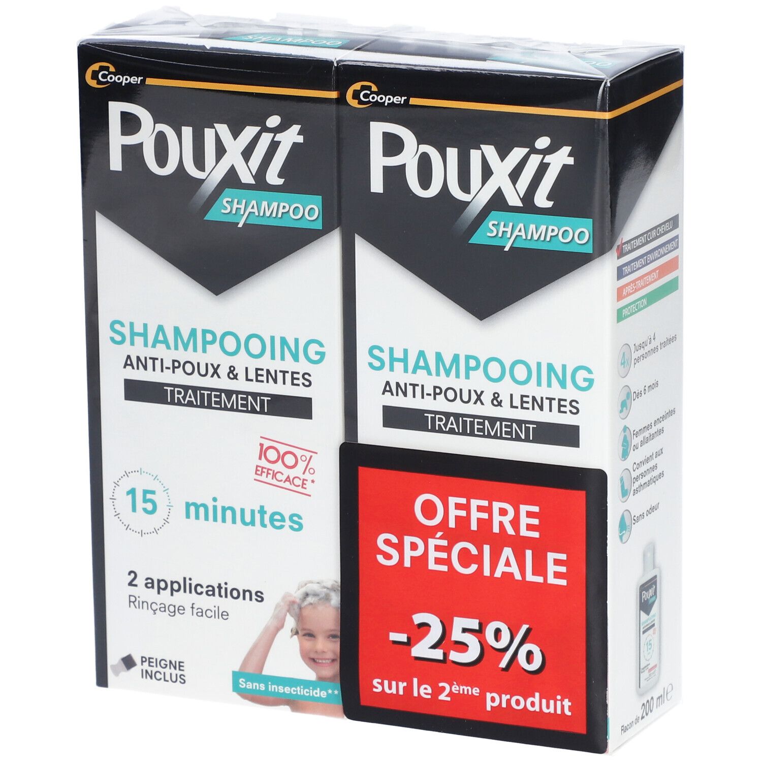 Deux boîtes de shampooing Pouxit. Emballage noir et blanc avec informations produit et sticker promotionnel rouge.