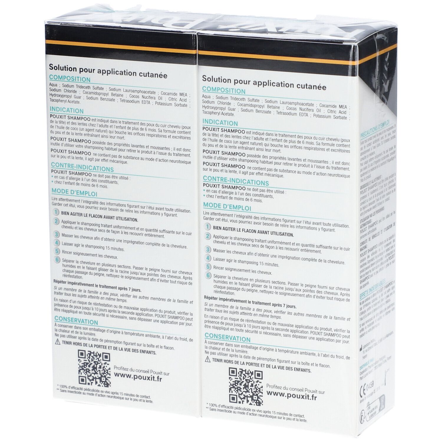 Dos de deux boîtes de shampooing Pouxit. Texte avec informations produit et ingrédients. Codes QR également visibles.