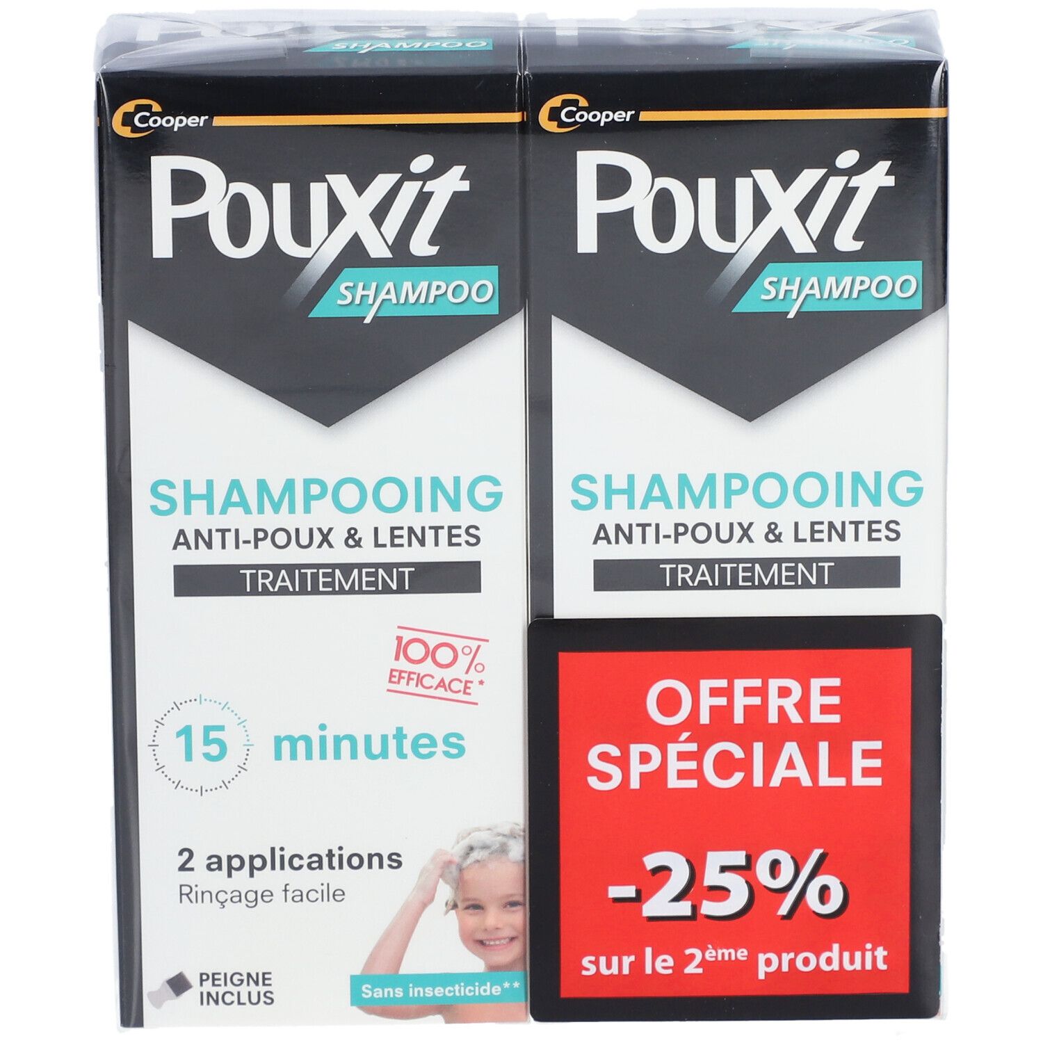 Deux boîtes de shampooing Pouxit. Emballage noir et blanc avec informations produit et sticker promotionnel rouge.