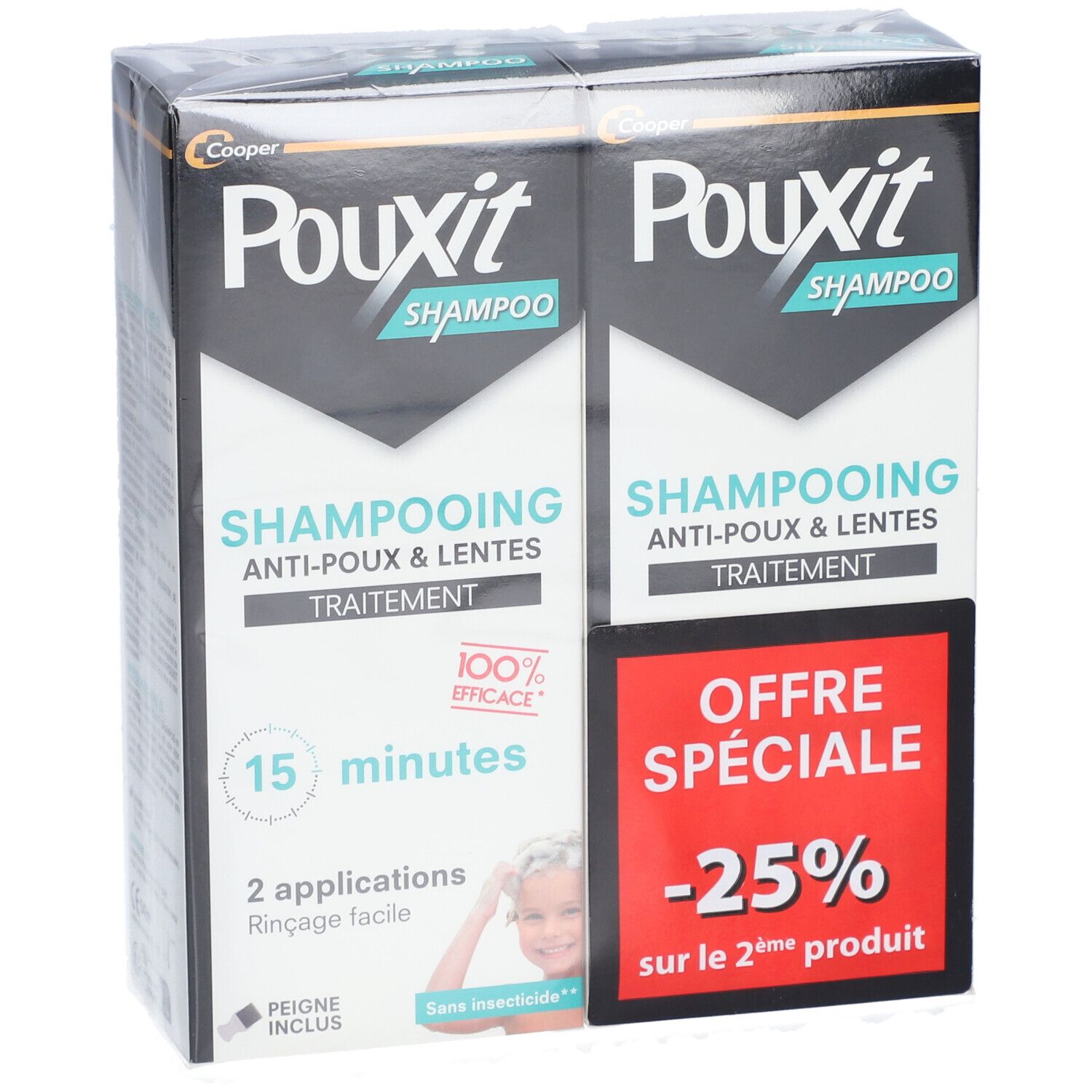 Deux boîtes de shampooing Pouxit. Emballage noir et blanc avec informations produit et sticker promotionnel rouge.