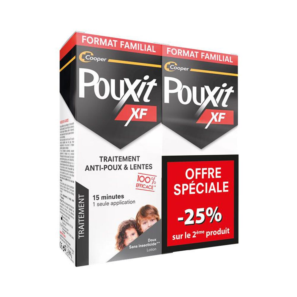 Deux boîtes de Pouxit XF. Traitement anti-poux et lentes. Format familial. Offre spéciale : -25% sur le 2ème produit.