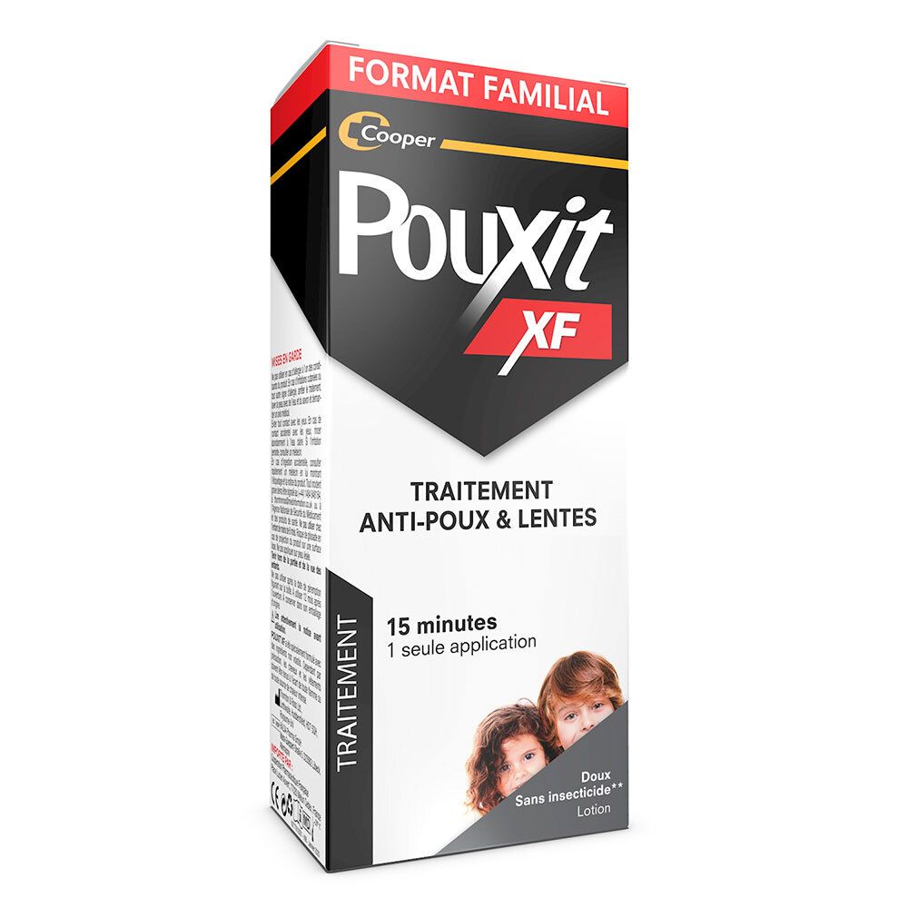 Boîte Pouxit XF. Traitement anti-poux et lentes. Format familial. 15 minutes. 1 application. Illustration d'enfants.
