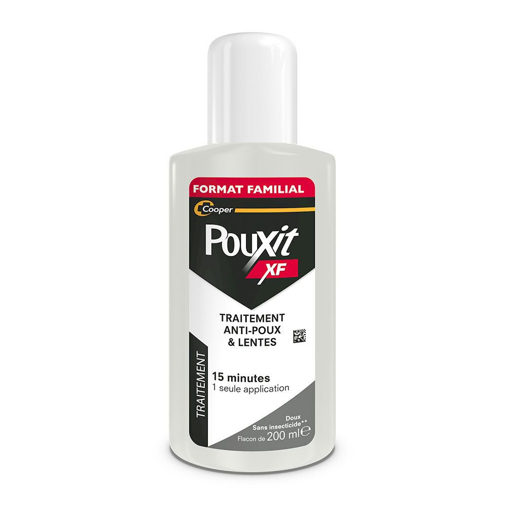 Flacon Pouxit XF. Traitement anti-poux et lentes. Format familial. 15 minutes. 1 application. Flacon avec bouchon blanc.