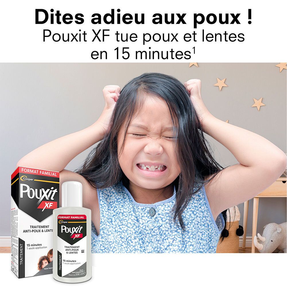Fille avec Pouxit XF et flacon. Texte : « Dites adieu aux poux ! Pouxit XF tue poux et lentes en 15 minutes. »