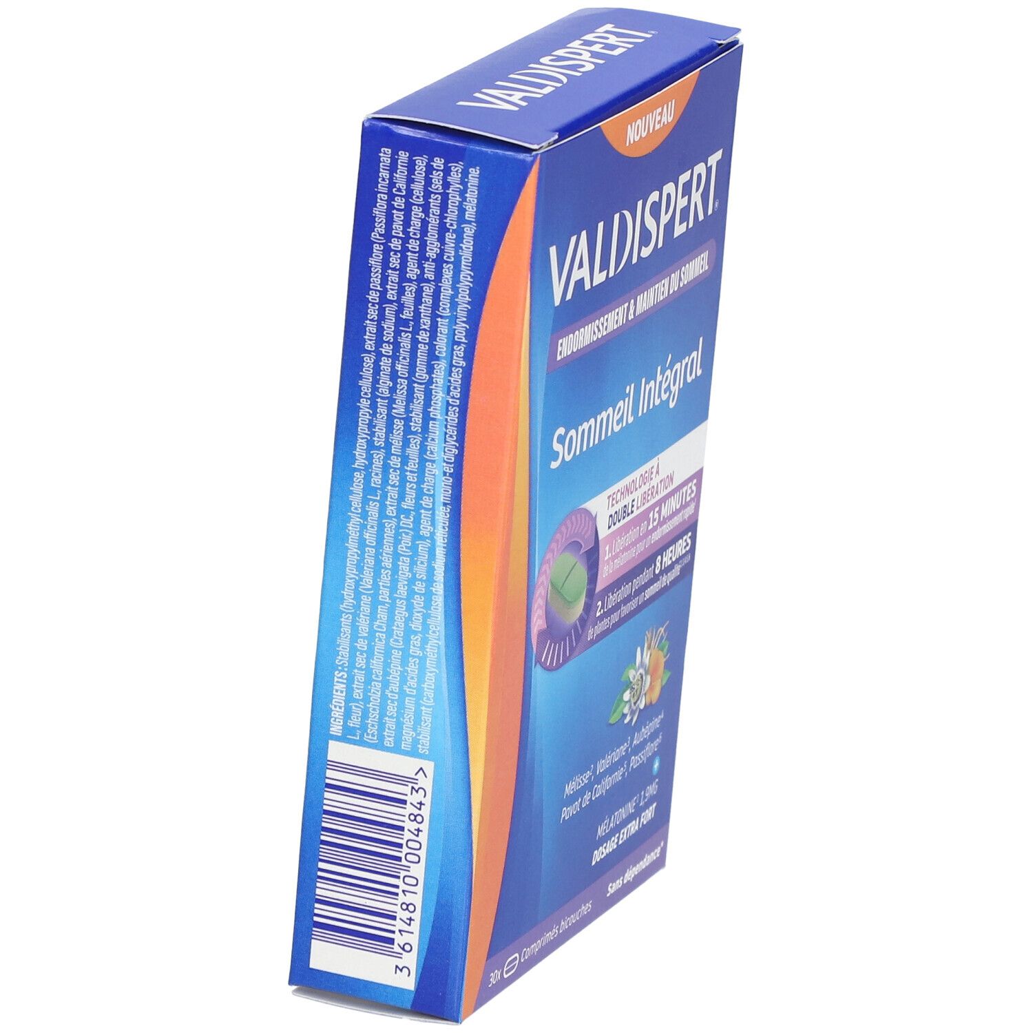 Boîte VALDISPERT Sommeil Intégral, bleu-orange. Texte : Endormissement & maintien du sommeil. Code-barres et ingrédients sur le côté.