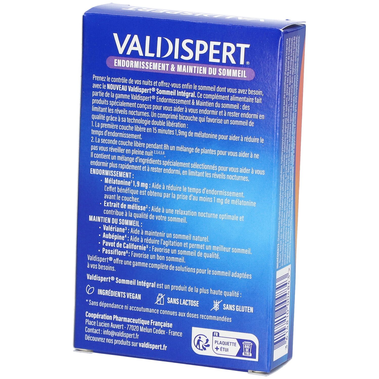 Dos de la boîte VALDISPERT Sommeil Intégral. Texte : Endormissement & maintien du sommeil. Ingrédients et informations.