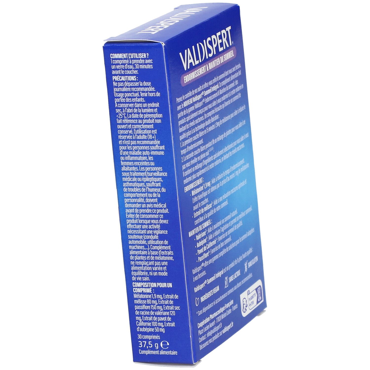 Boîte VALDISPERT Sommeil Intégral, bleu-orange. Texte : Endormissement & maintien du sommeil. Mode d'emploi et ingrédients.