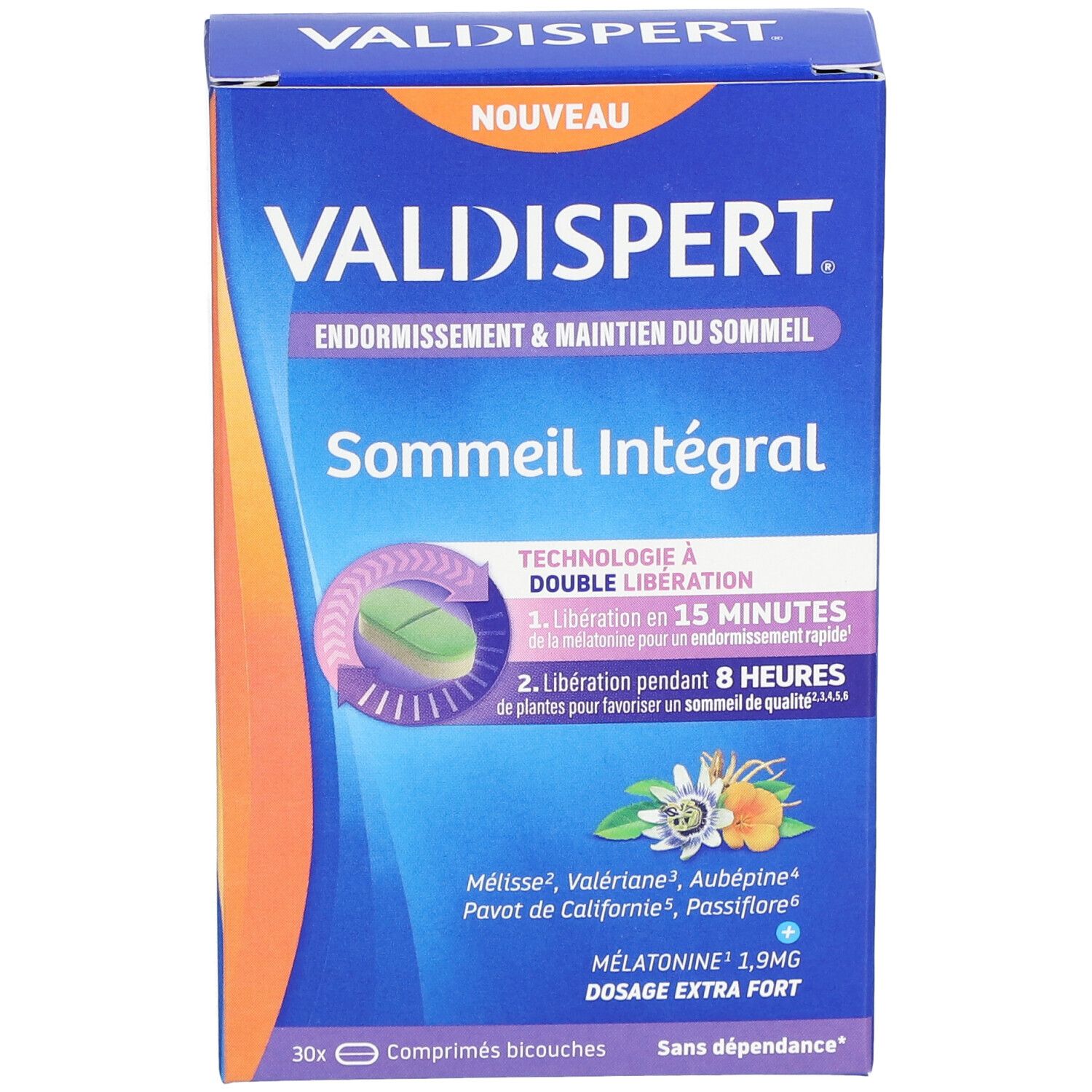 Boîte bleue et orange VALDISPERT Sommeil Intégral. Texte : Endormissement & maintien du sommeil. 30 comprimés.