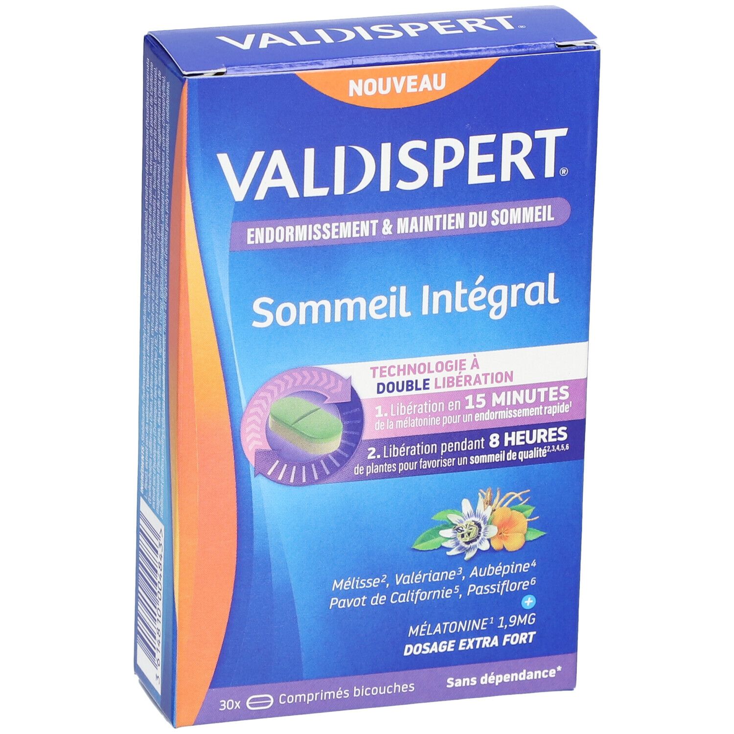 Boîte bleue et orange VALDISPERT Sommeil Intégral. Texte : Endormissement & maintien du sommeil. 30 comprimés.
