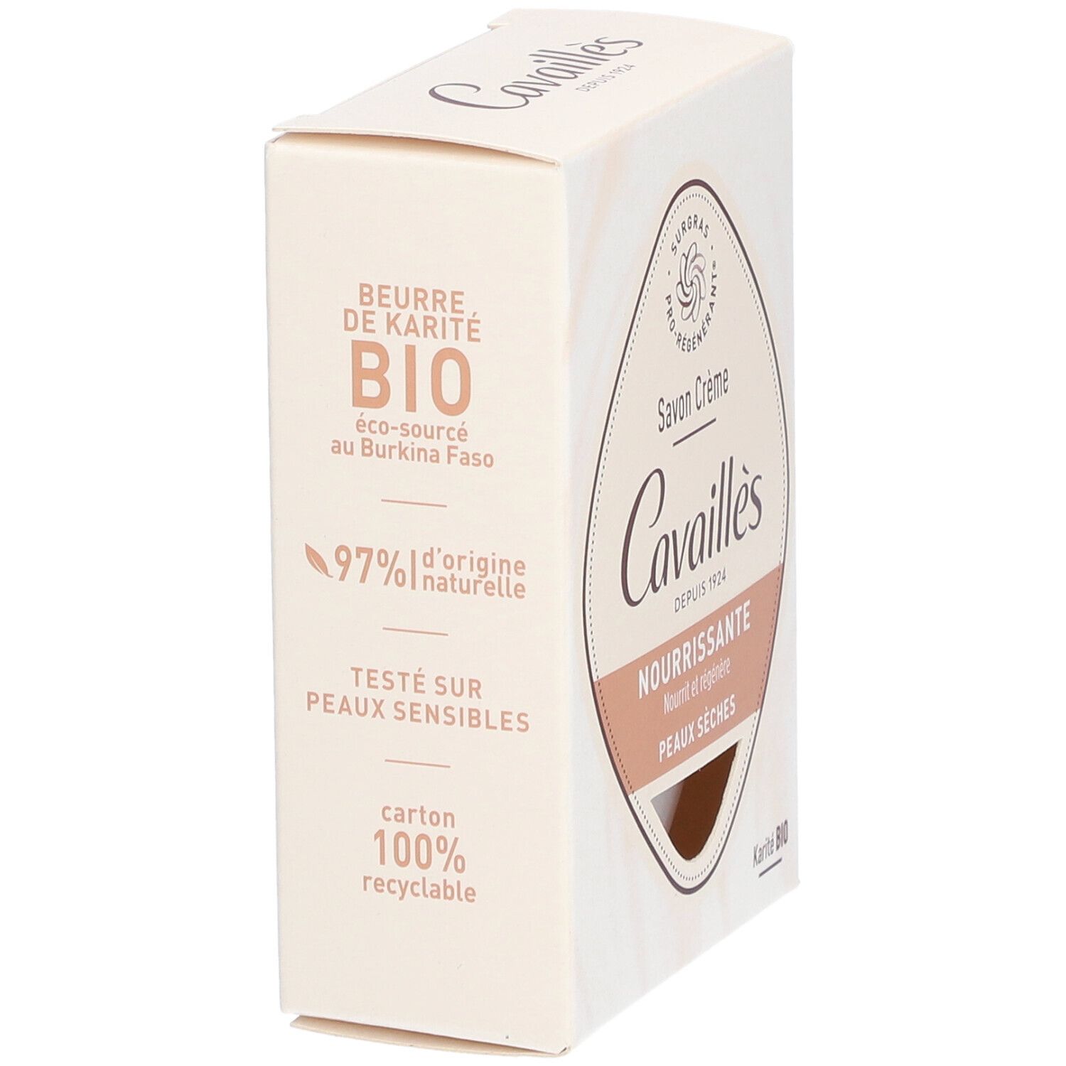 Kartonverpackung der Cavaillès Cremeseife. Aufdruck: Beurre de Karité BIO, 97% natürliche Inhaltsstoffe, 100% recycelbar.