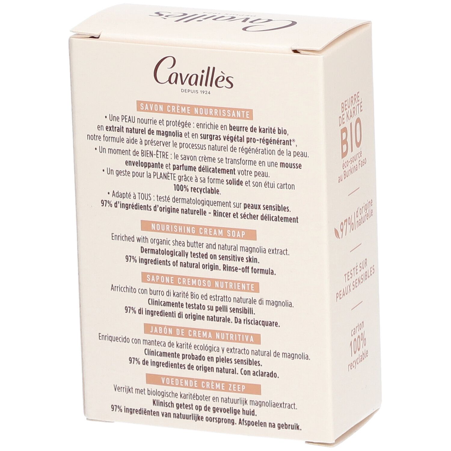 Rückseite der Cavaillès Cremeseife-Verpackung. Text in mehreren Sprachen. Beurre de Karité BIO, 97% natürliche Inhaltsstoffe.