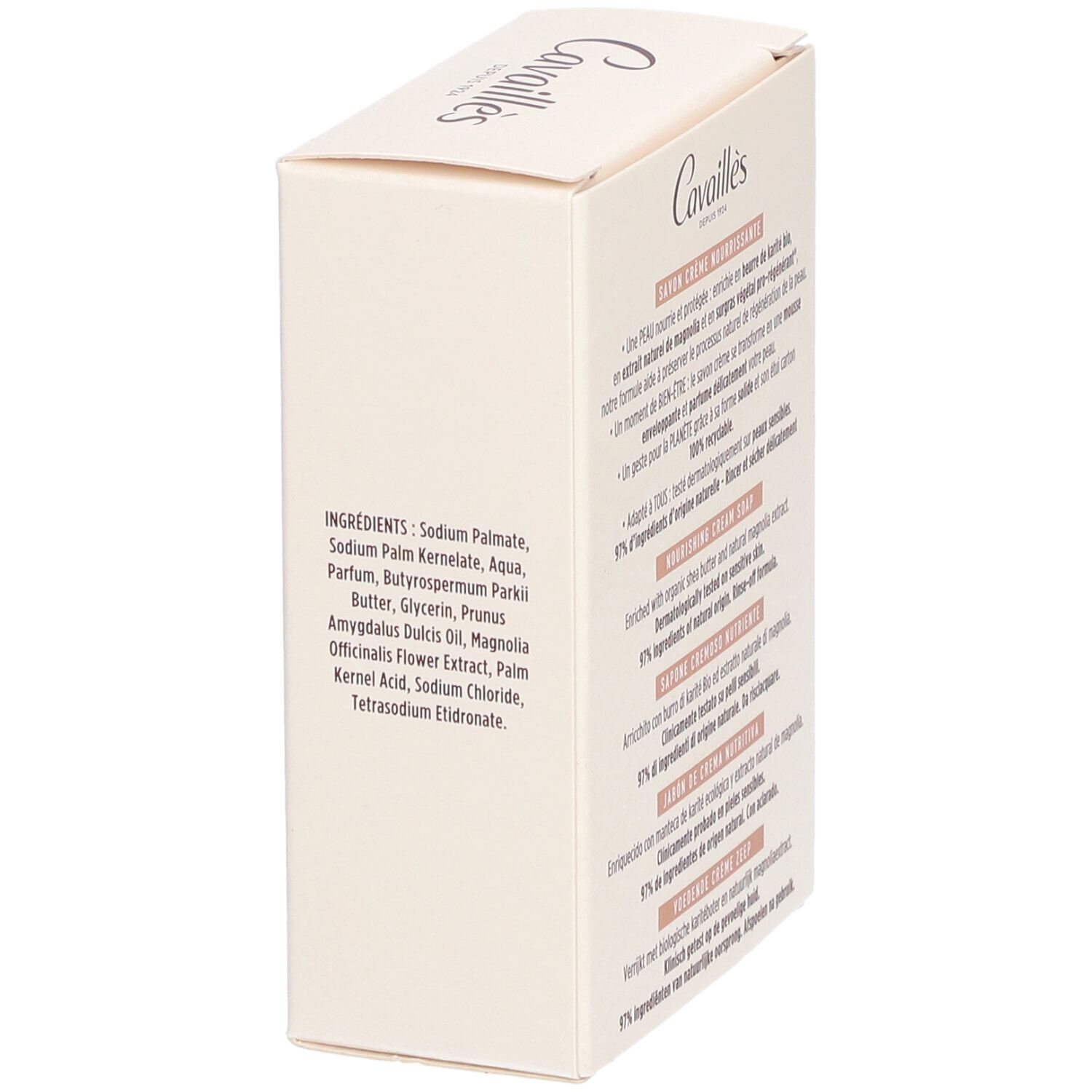 Seite der Cavaillès Cremeseife-Verpackung. Auflistung der Inhaltsstoffe. Text in mehreren Sprachen.