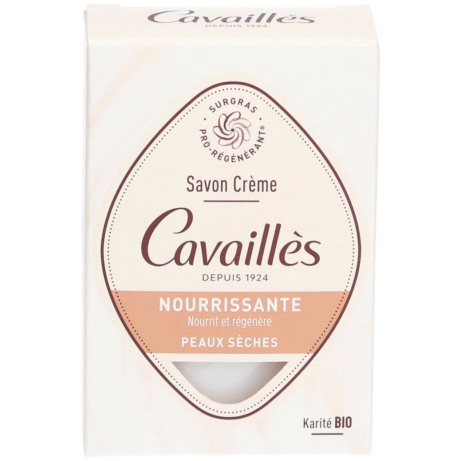 Cavaillès Cremeseife in Kartonverpackung. Aufdruck: Savon Crème, Nourrissante, Peaux Sèches. Karité BIO.